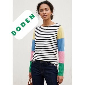 Boden Women Colorblock Stripe Long Sleeve Cotton Tee Navy White Multi US 8 J0498